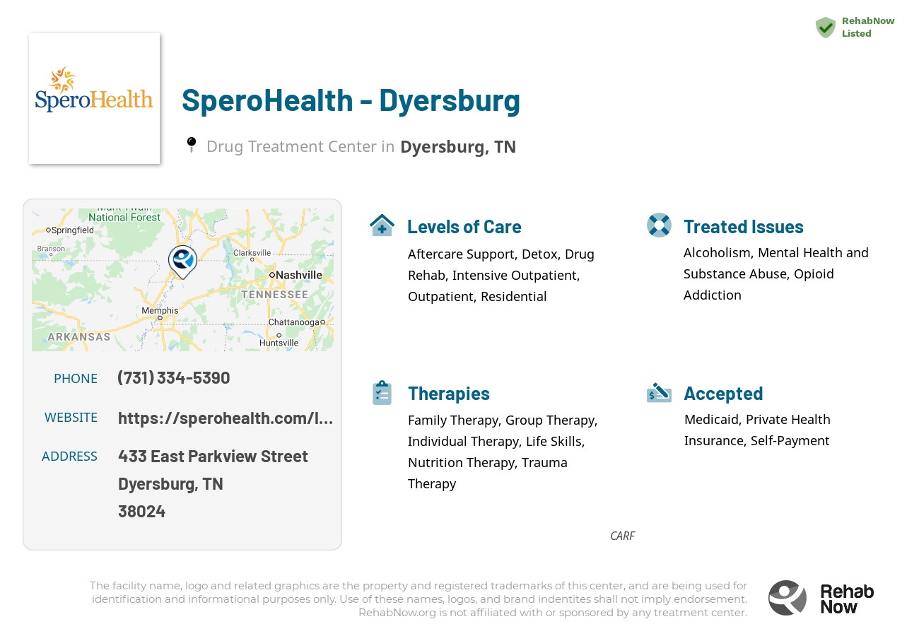 Helpful reference information for SperoHealth - Dyersburg, a drug treatment center in Tennessee located at: 433 East Parkview Street, Dyersburg, TN, 38024, including phone numbers, official website, and more. Listed briefly is an overview of Levels of Care, Therapies Offered, Issues Treated, and accepted forms of Payment Methods.