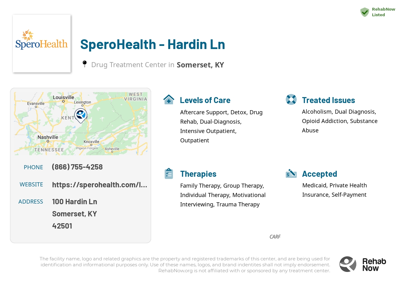 Helpful reference information for SperoHealth - Hardin Ln, a drug treatment center in Kentucky located at: 100 Hardin Ln, Somerset, KY, 42501, including phone numbers, official website, and more. Listed briefly is an overview of Levels of Care, Therapies Offered, Issues Treated, and accepted forms of Payment Methods.