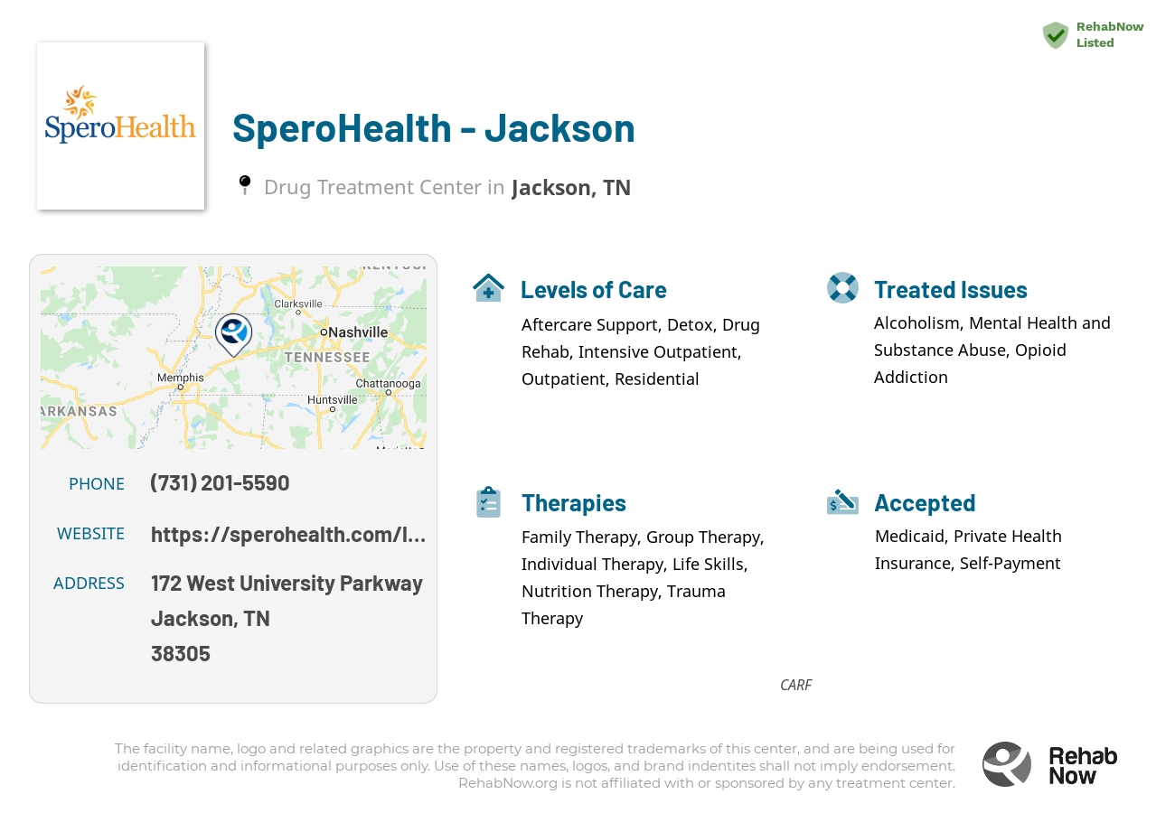 Helpful reference information for SperoHealth - Jackson, a drug treatment center in Tennessee located at: 172 West University Parkway, Jackson, TN, 38305, including phone numbers, official website, and more. Listed briefly is an overview of Levels of Care, Therapies Offered, Issues Treated, and accepted forms of Payment Methods.