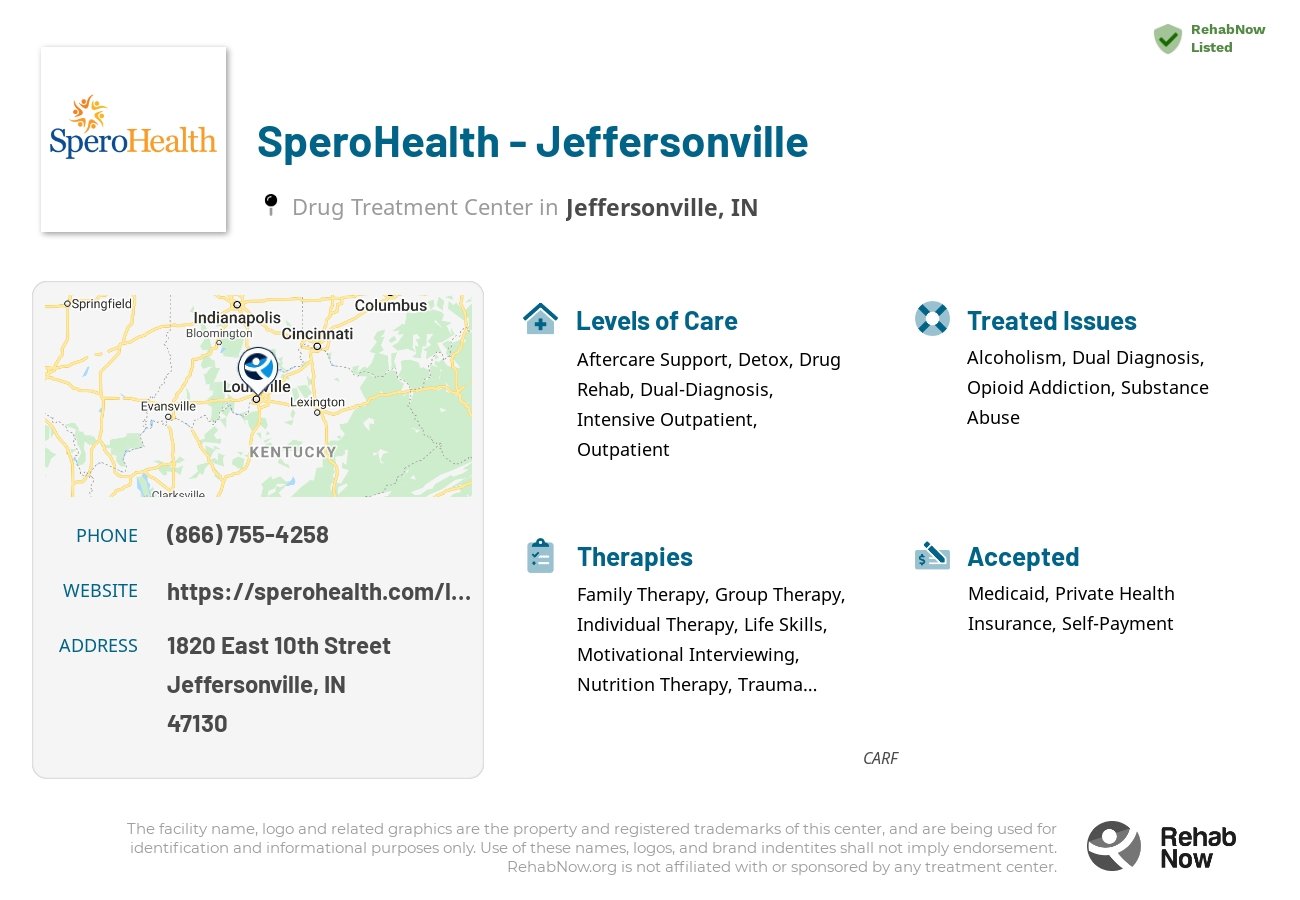 Helpful reference information for SperoHealth - Jeffersonville, a drug treatment center in Indiana located at: 1820 East 10th Street, Jeffersonville, IN, 47130, including phone numbers, official website, and more. Listed briefly is an overview of Levels of Care, Therapies Offered, Issues Treated, and accepted forms of Payment Methods.