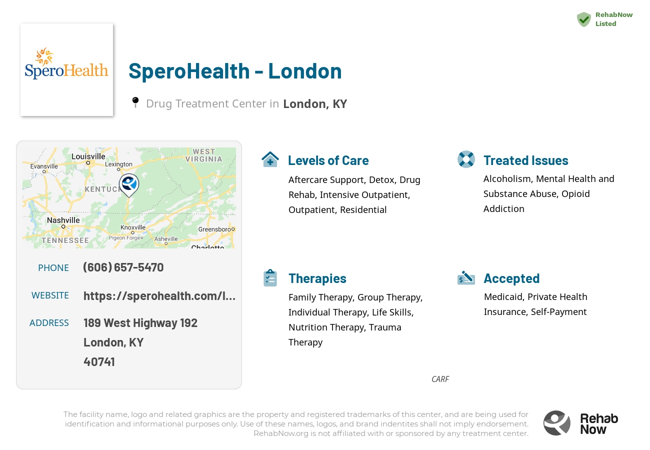 Helpful reference information for SperoHealth - London, a drug treatment center in Kentucky located at: 189 West Highway 192, London, KY, 40741, including phone numbers, official website, and more. Listed briefly is an overview of Levels of Care, Therapies Offered, Issues Treated, and accepted forms of Payment Methods.