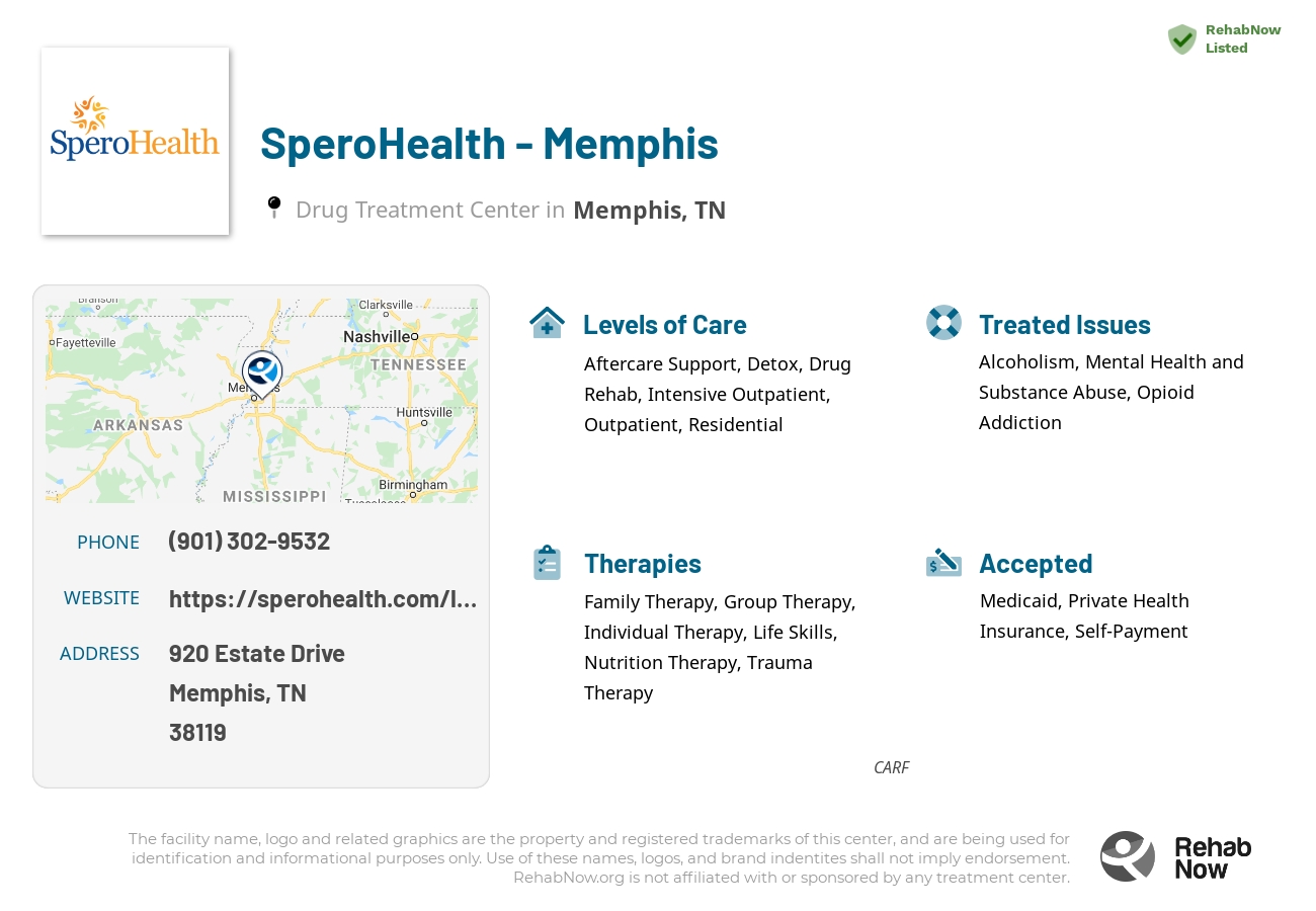 Helpful reference information for SperoHealth - Memphis, a drug treatment center in Tennessee located at: 920 Estate Drive, Memphis, TN, 38119, including phone numbers, official website, and more. Listed briefly is an overview of Levels of Care, Therapies Offered, Issues Treated, and accepted forms of Payment Methods.