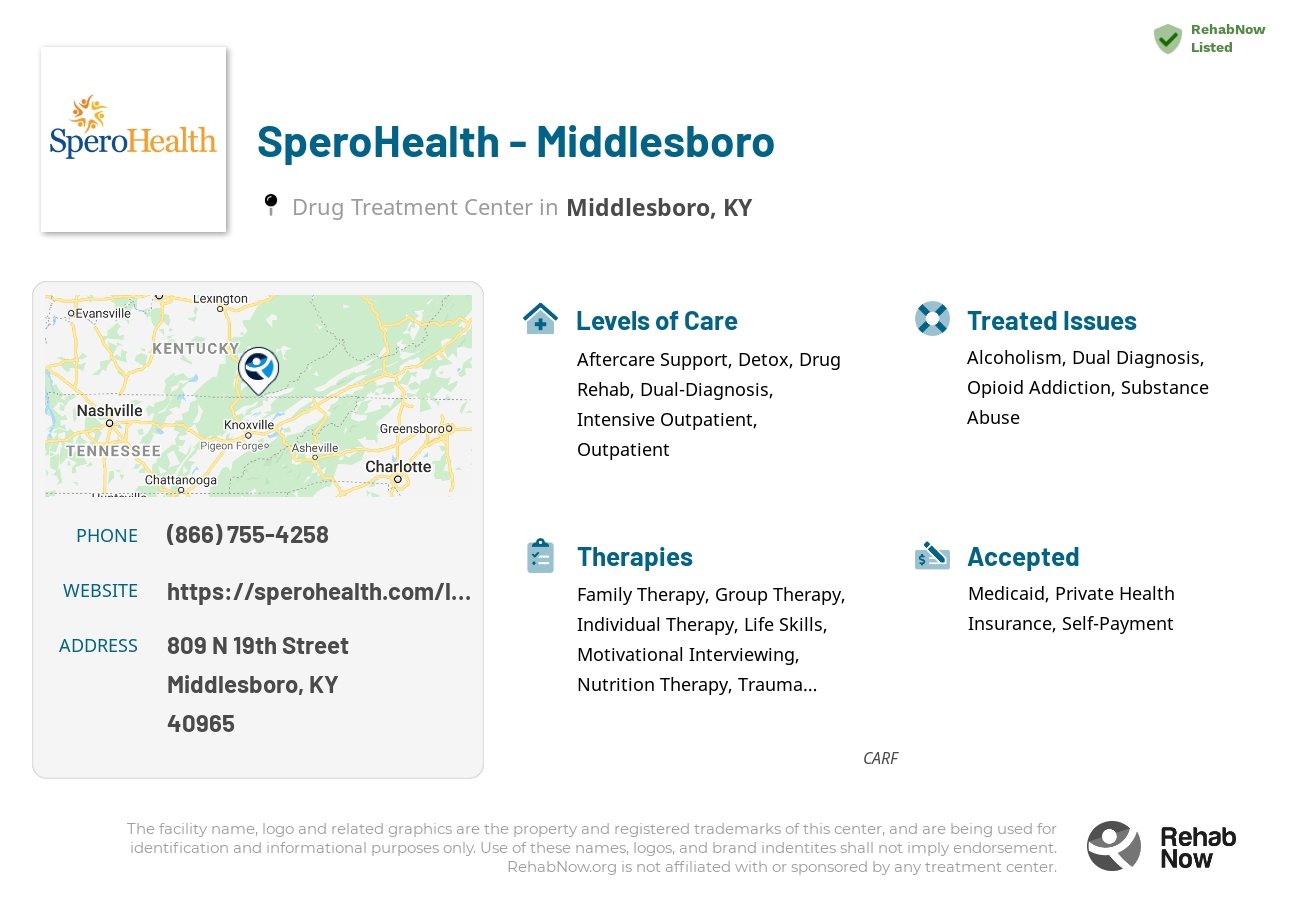 Helpful reference information for SperoHealth - Middlesboro, a drug treatment center in Kentucky located at: 809 N 19th Street, Middlesboro, KY, 40965, including phone numbers, official website, and more. Listed briefly is an overview of Levels of Care, Therapies Offered, Issues Treated, and accepted forms of Payment Methods.