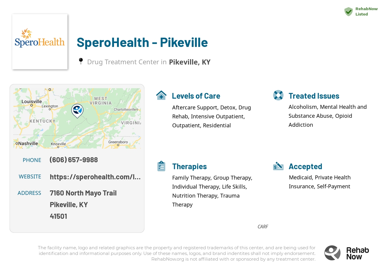 Helpful reference information for SperoHealth - Pikeville, a drug treatment center in Kentucky located at: 7160 North Mayo Trail, Pikeville, KY, 41501, including phone numbers, official website, and more. Listed briefly is an overview of Levels of Care, Therapies Offered, Issues Treated, and accepted forms of Payment Methods.
