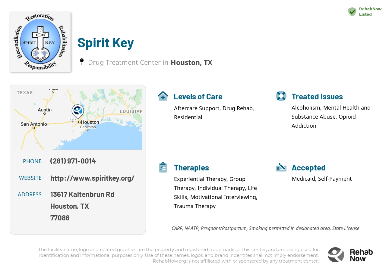 Helpful reference information for Spirit Key, a drug treatment center in Texas located at: 13617 Kaltenbrun Rd, Houston, TX 77086, including phone numbers, official website, and more. Listed briefly is an overview of Levels of Care, Therapies Offered, Issues Treated, and accepted forms of Payment Methods.