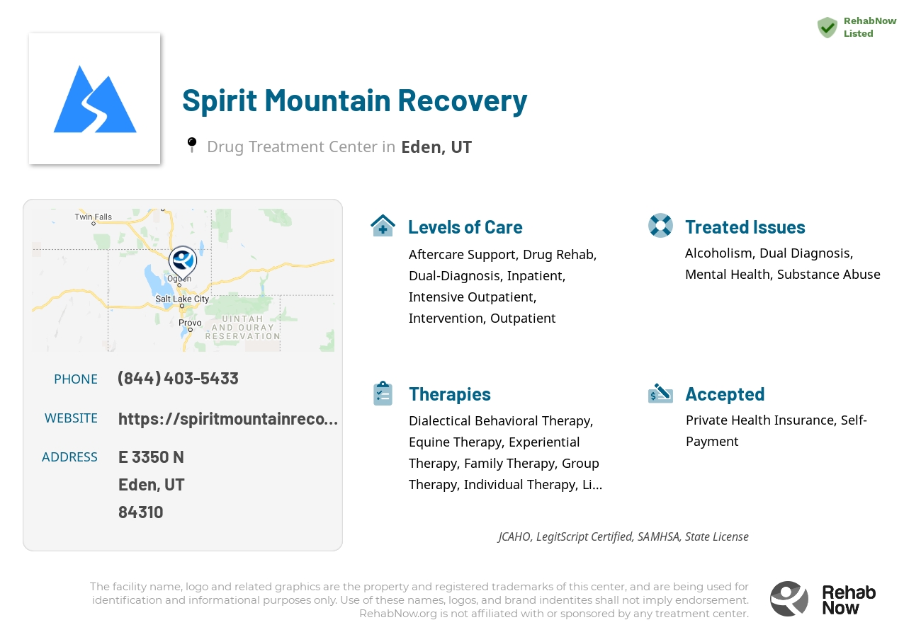 Helpful reference information for Spirit Mountain Recovery, a drug treatment center in Utah located at: E 3350 N, Eden, UT 84310, including phone numbers, official website, and more. Listed briefly is an overview of Levels of Care, Therapies Offered, Issues Treated, and accepted forms of Payment Methods.