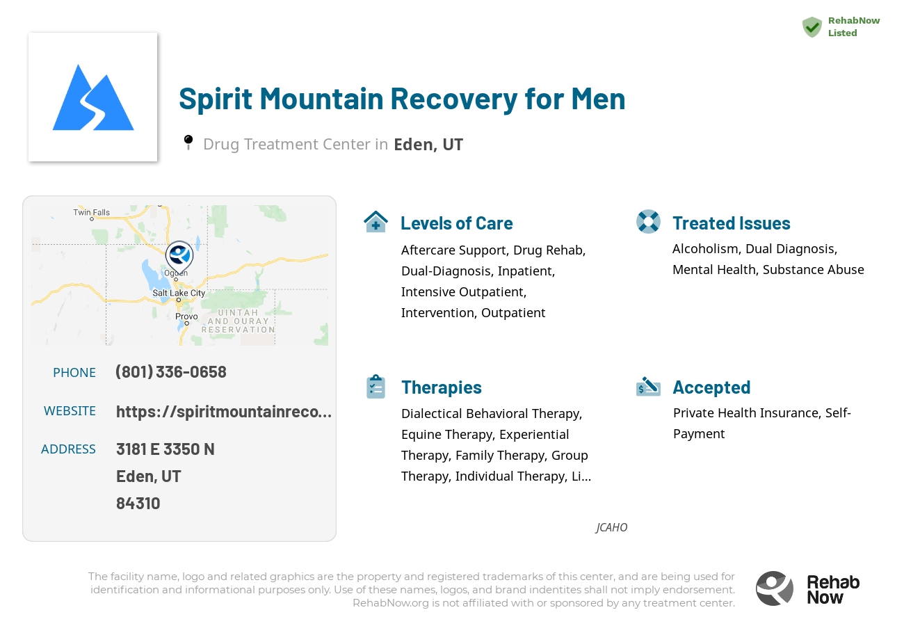 Helpful reference information for Spirit Mountain Recovery for Men, a drug treatment center in Utah located at: 3181 3181 E 3350 N, Eden, UT 84310, including phone numbers, official website, and more. Listed briefly is an overview of Levels of Care, Therapies Offered, Issues Treated, and accepted forms of Payment Methods.