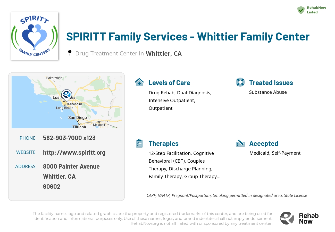 Helpful reference information for SPIRITT Family Services - Whittier Family Center, a drug treatment center in California located at: 8000 Painter Avenue, Whittier, CA 90602, including phone numbers, official website, and more. Listed briefly is an overview of Levels of Care, Therapies Offered, Issues Treated, and accepted forms of Payment Methods.