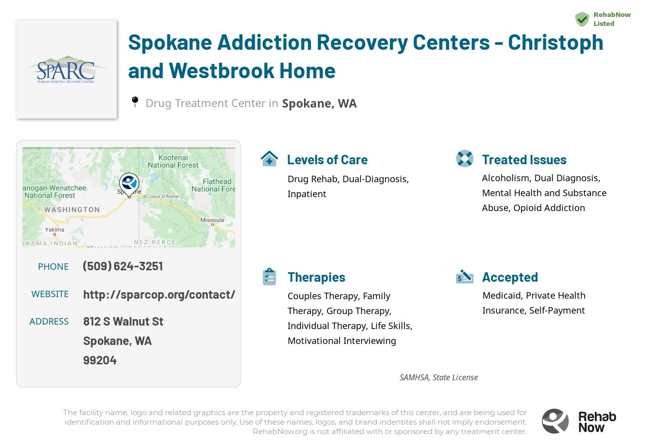 Helpful reference information for Spokane Addiction Recovery Centers - Christoph and Westbrook Home, a drug treatment center in Washington located at: 812 S Walnut St, Spokane, WA 99204, including phone numbers, official website, and more. Listed briefly is an overview of Levels of Care, Therapies Offered, Issues Treated, and accepted forms of Payment Methods.