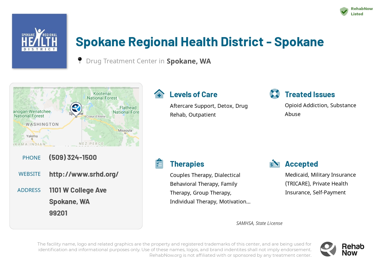 Helpful reference information for Spokane Regional Health District - Spokane, a drug treatment center in Washington located at: 1101 W College Ave, Spokane, WA 99201, including phone numbers, official website, and more. Listed briefly is an overview of Levels of Care, Therapies Offered, Issues Treated, and accepted forms of Payment Methods.