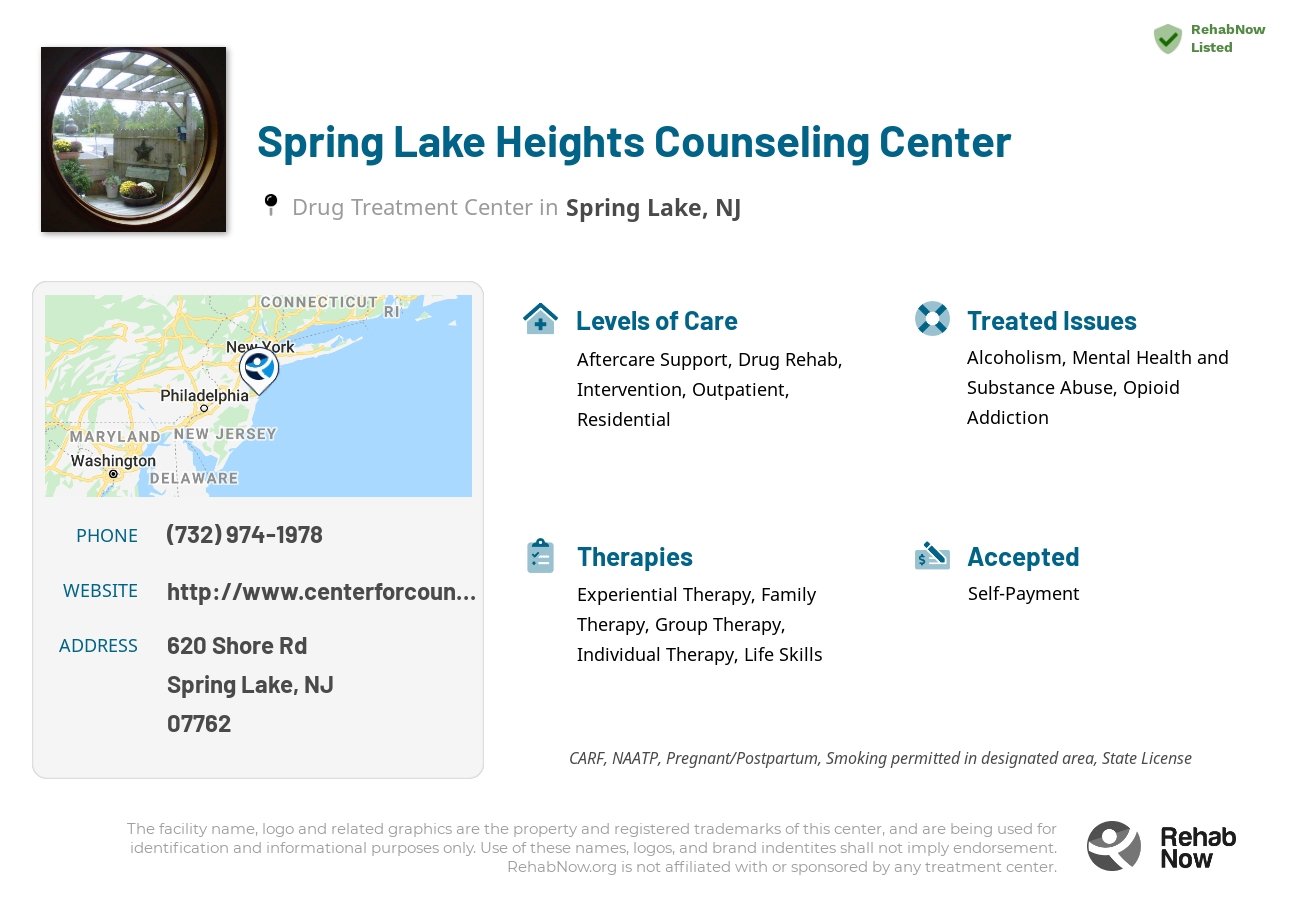 Helpful reference information for Spring Lake Heights Counseling Center, a drug treatment center in New Jersey located at: 620 Shore Rd, Spring Lake, NJ 07762, including phone numbers, official website, and more. Listed briefly is an overview of Levels of Care, Therapies Offered, Issues Treated, and accepted forms of Payment Methods.