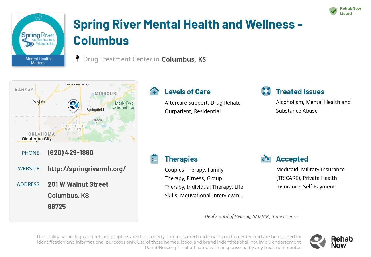 Helpful reference information for Spring River Mental Health and Wellness - Columbus, a drug treatment center in Kansas located at: 201 W Walnut Street, Columbus, KS, 66725, including phone numbers, official website, and more. Listed briefly is an overview of Levels of Care, Therapies Offered, Issues Treated, and accepted forms of Payment Methods.