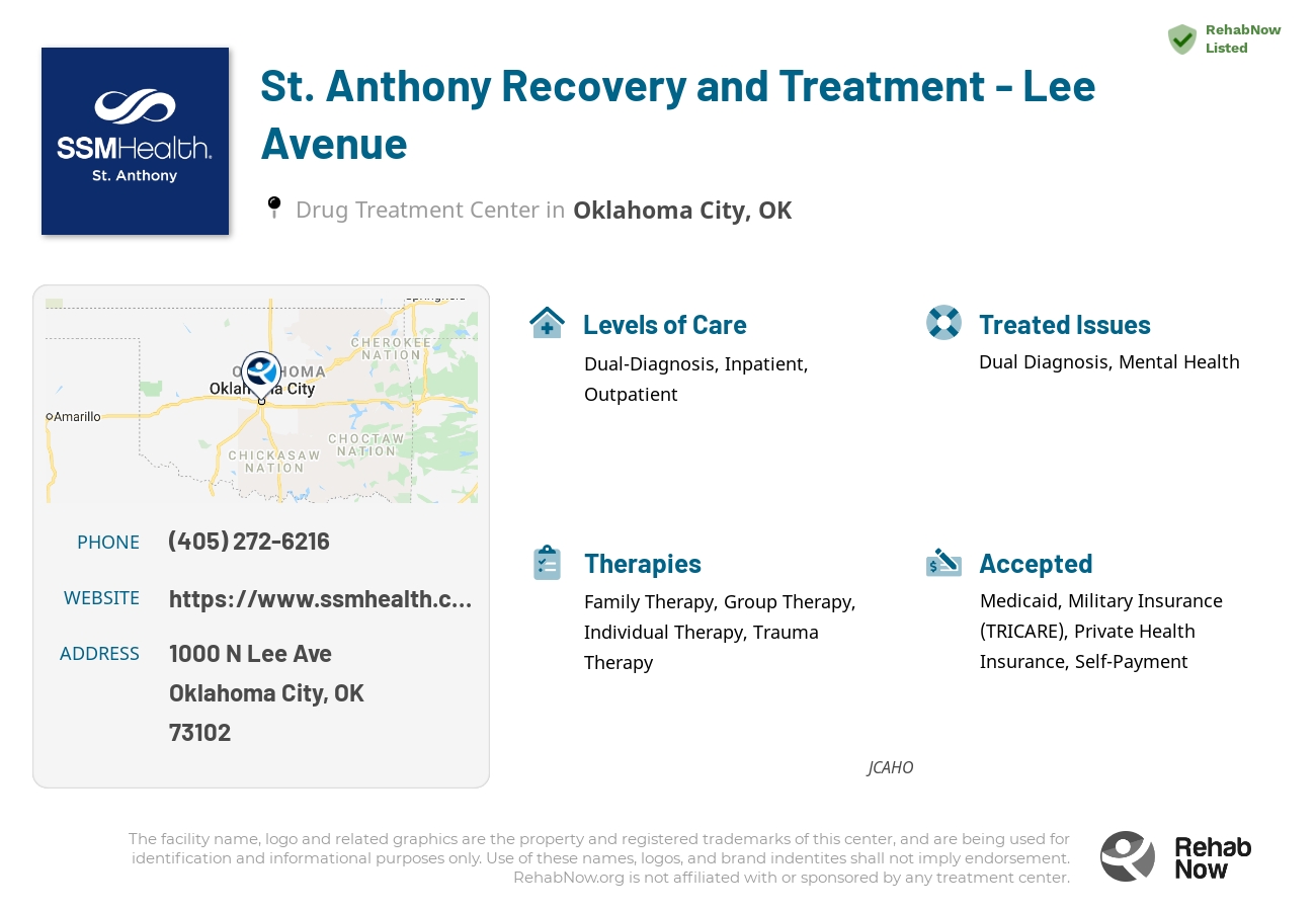 Helpful reference information for St. Anthony Recovery and Treatment - Lee Avenue, a drug treatment center in Oklahoma located at: 1000 N Lee Ave, Oklahoma City, OK 73102, including phone numbers, official website, and more. Listed briefly is an overview of Levels of Care, Therapies Offered, Issues Treated, and accepted forms of Payment Methods.