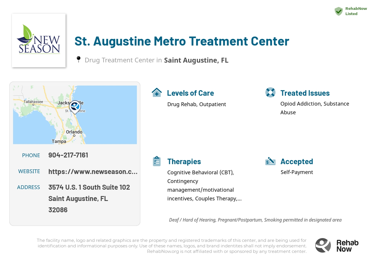 Helpful reference information for St. Augustine Metro Treatment Center, a drug treatment center in Florida located at: 3574 U.S. 1 South Suite 102, Saint Augustine, FL 32086, including phone numbers, official website, and more. Listed briefly is an overview of Levels of Care, Therapies Offered, Issues Treated, and accepted forms of Payment Methods.
