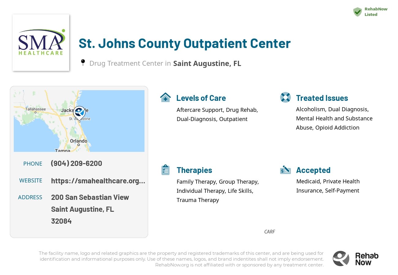 Helpful reference information for St. Johns County Outpatient Center, a drug treatment center in Florida located at: 200 San Sebastian View, Saint Augustine, FL, 32084, including phone numbers, official website, and more. Listed briefly is an overview of Levels of Care, Therapies Offered, Issues Treated, and accepted forms of Payment Methods.