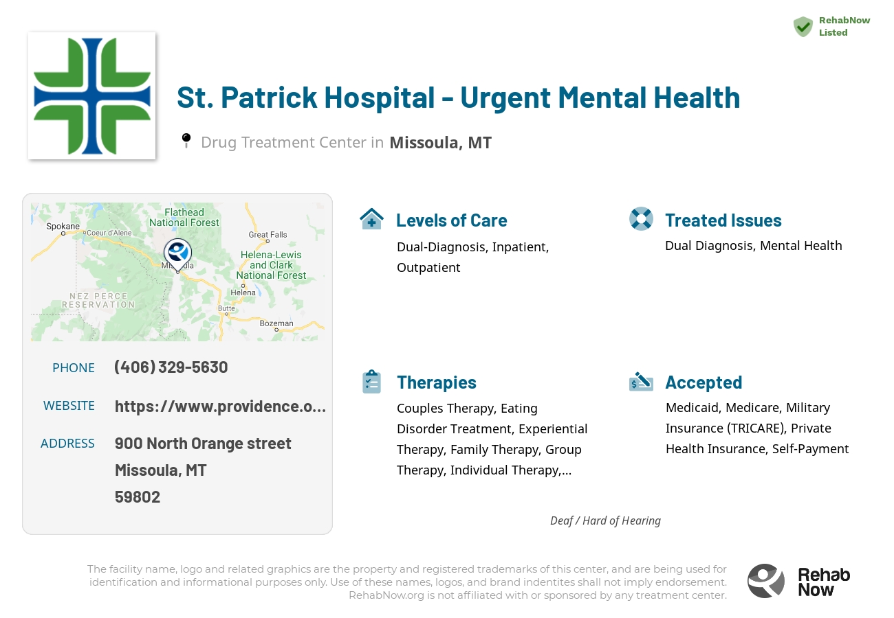Helpful reference information for St. Patrick Hospital - Urgent Mental Health, a drug treatment center in Montana located at: 900 900 North Orange street, Missoula, MT 59802, including phone numbers, official website, and more. Listed briefly is an overview of Levels of Care, Therapies Offered, Issues Treated, and accepted forms of Payment Methods.