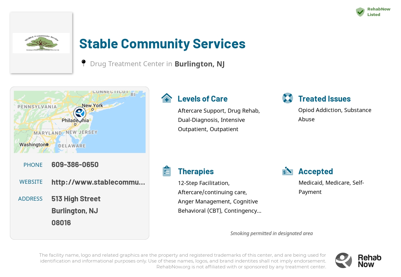 Helpful reference information for Stable Community Services, a drug treatment center in New Jersey located at: 513 High Street, Burlington, NJ 08016, including phone numbers, official website, and more. Listed briefly is an overview of Levels of Care, Therapies Offered, Issues Treated, and accepted forms of Payment Methods.