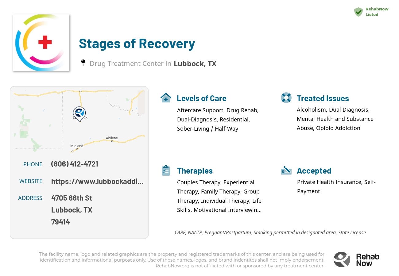 Helpful reference information for Stages of Recovery, a drug treatment center in Texas located at: 4705 66th St, Lubbock, TX 79414, including phone numbers, official website, and more. Listed briefly is an overview of Levels of Care, Therapies Offered, Issues Treated, and accepted forms of Payment Methods.