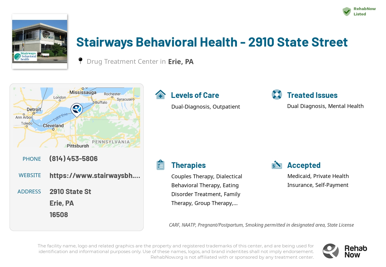 Helpful reference information for Stairways Behavioral Health - 2910 State Street, a drug treatment center in Pennsylvania located at: 2910 State St, Erie, PA 16508, including phone numbers, official website, and more. Listed briefly is an overview of Levels of Care, Therapies Offered, Issues Treated, and accepted forms of Payment Methods.