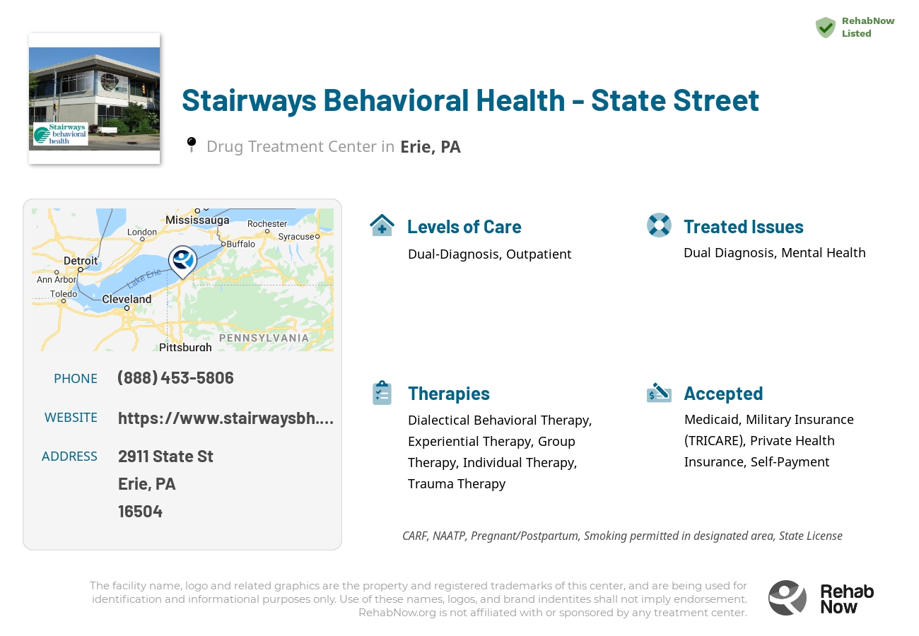 Helpful reference information for Stairways Behavioral Health - State Street, a drug treatment center in Pennsylvania located at: 2911 State St, Erie, PA 16504, including phone numbers, official website, and more. Listed briefly is an overview of Levels of Care, Therapies Offered, Issues Treated, and accepted forms of Payment Methods.