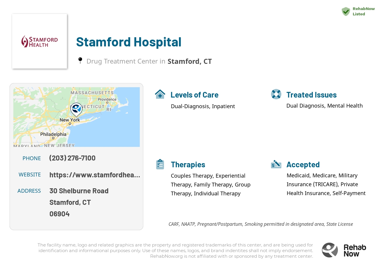 Helpful reference information for Stamford Hospital, a drug treatment center in Connecticut located at: 30 Shelburne Road, Stamford, CT, 06904, including phone numbers, official website, and more. Listed briefly is an overview of Levels of Care, Therapies Offered, Issues Treated, and accepted forms of Payment Methods.