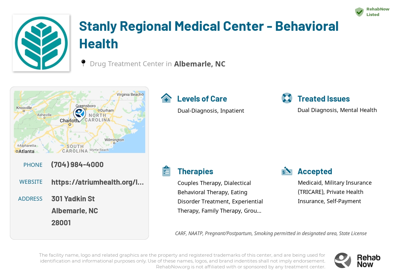 Helpful reference information for Stanly Regional Medical Center - Behavioral Health, a drug treatment center in North Carolina located at: 301 Yadkin St, Albemarle, NC 28001, including phone numbers, official website, and more. Listed briefly is an overview of Levels of Care, Therapies Offered, Issues Treated, and accepted forms of Payment Methods.