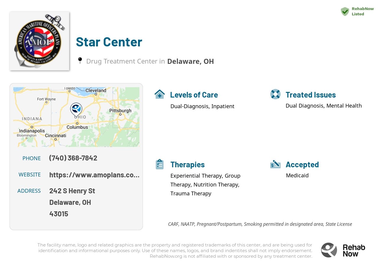 Helpful reference information for Star Center, a drug treatment center in Ohio located at: 242 S Henry St, Delaware, OH 43015, including phone numbers, official website, and more. Listed briefly is an overview of Levels of Care, Therapies Offered, Issues Treated, and accepted forms of Payment Methods.