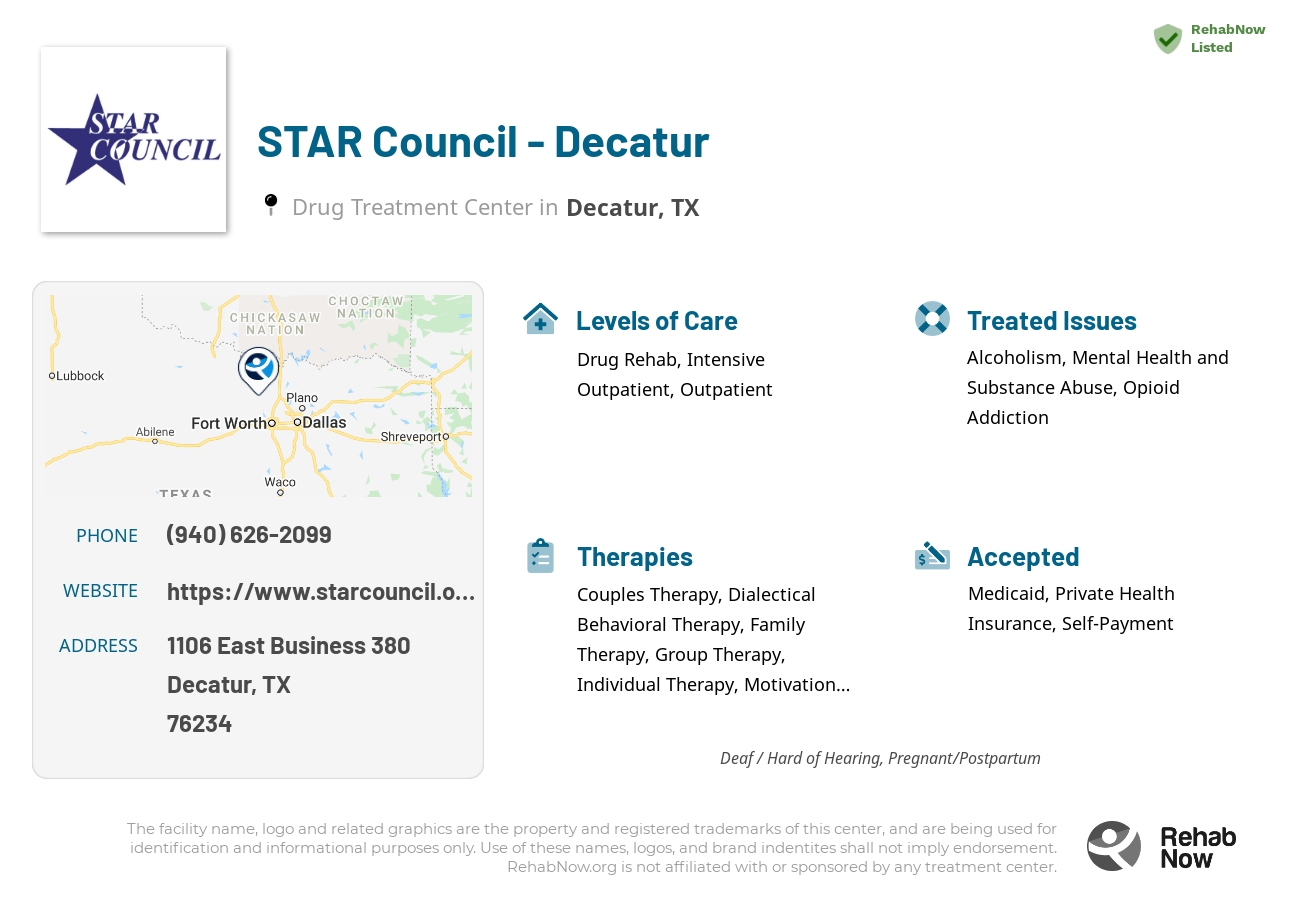 Helpful reference information for STAR Council - Decatur, a drug treatment center in Texas located at: 1106 East Business 380, Decatur, TX 76234, including phone numbers, official website, and more. Listed briefly is an overview of Levels of Care, Therapies Offered, Issues Treated, and accepted forms of Payment Methods.