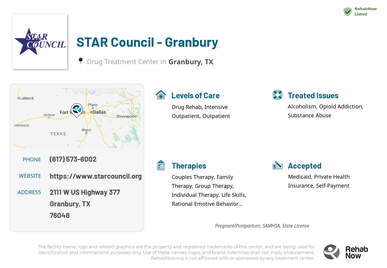 Helpful reference information for STAR Council - Granbury, a drug treatment center in Texas located at: 2111 W US Highway 377, Granbury, TX 76048, including phone numbers, official website, and more. Listed briefly is an overview of Levels of Care, Therapies Offered, Issues Treated, and accepted forms of Payment Methods.