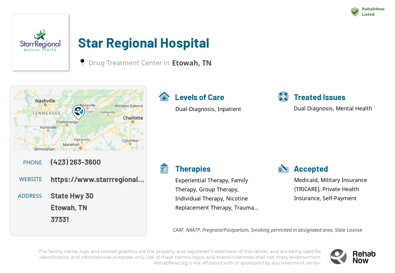 Helpful reference information for Star Regional Hospital, a drug treatment center in Tennessee located at: State Hwy 30, Etowah, TN 37331, including phone numbers, official website, and more. Listed briefly is an overview of Levels of Care, Therapies Offered, Issues Treated, and accepted forms of Payment Methods.
