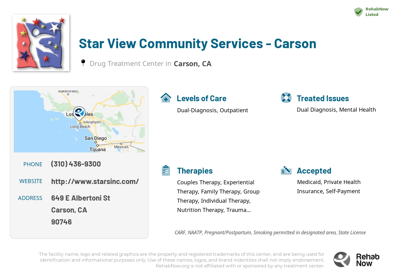 Helpful reference information for Star View Community Services - Carson, a drug treatment center in California located at: 649 E Albertoni St, Carson, CA 90746, including phone numbers, official website, and more. Listed briefly is an overview of Levels of Care, Therapies Offered, Issues Treated, and accepted forms of Payment Methods.