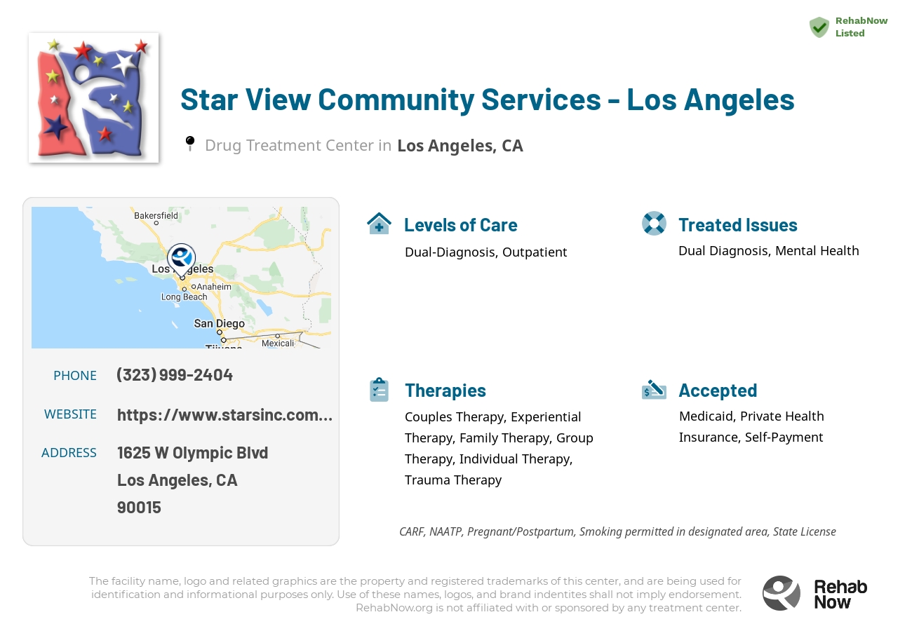 Helpful reference information for Star View Community Services - Los Angeles, a drug treatment center in California located at: 1625 W Olympic Blvd, Los Angeles, CA 90015, including phone numbers, official website, and more. Listed briefly is an overview of Levels of Care, Therapies Offered, Issues Treated, and accepted forms of Payment Methods.