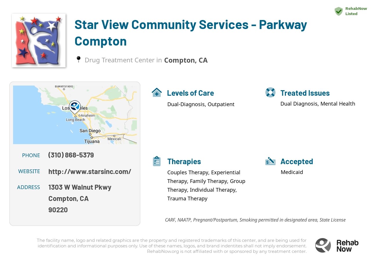 Helpful reference information for Star View Community Services - Parkway Compton, a drug treatment center in California located at: 1303 W Walnut Pkwy, Compton, CA 90220, including phone numbers, official website, and more. Listed briefly is an overview of Levels of Care, Therapies Offered, Issues Treated, and accepted forms of Payment Methods.