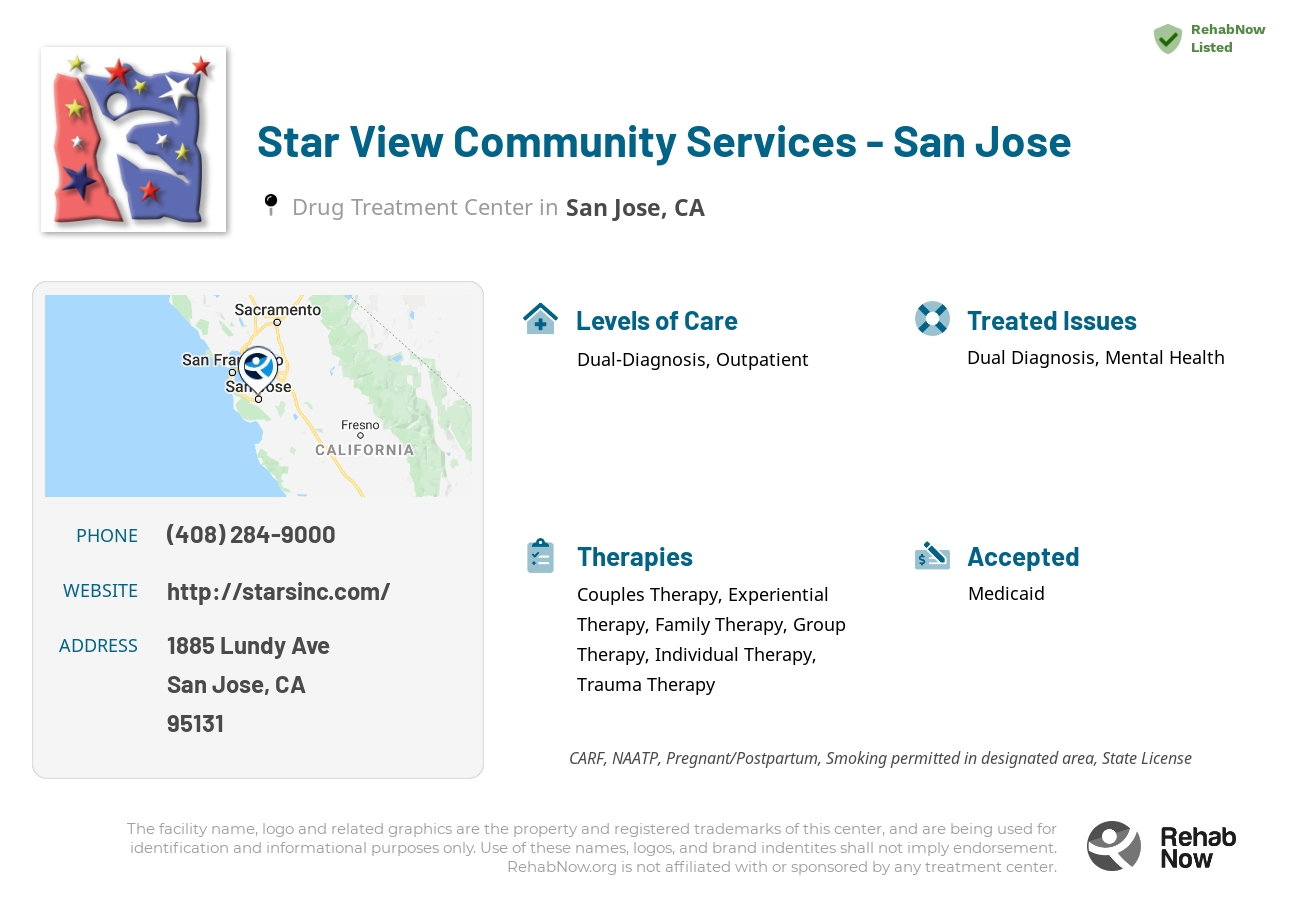 Helpful reference information for Star View Community Services - San Jose, a drug treatment center in California located at: 1885 Lundy Ave, San Jose, CA 95131, including phone numbers, official website, and more. Listed briefly is an overview of Levels of Care, Therapies Offered, Issues Treated, and accepted forms of Payment Methods.