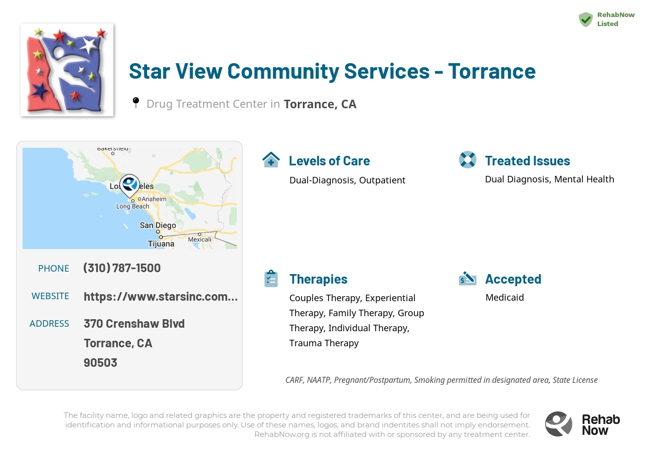 Helpful reference information for Star View Community Services - Torrance, a drug treatment center in California located at: 370 Crenshaw Blvd, Torrance, CA 90503, including phone numbers, official website, and more. Listed briefly is an overview of Levels of Care, Therapies Offered, Issues Treated, and accepted forms of Payment Methods.