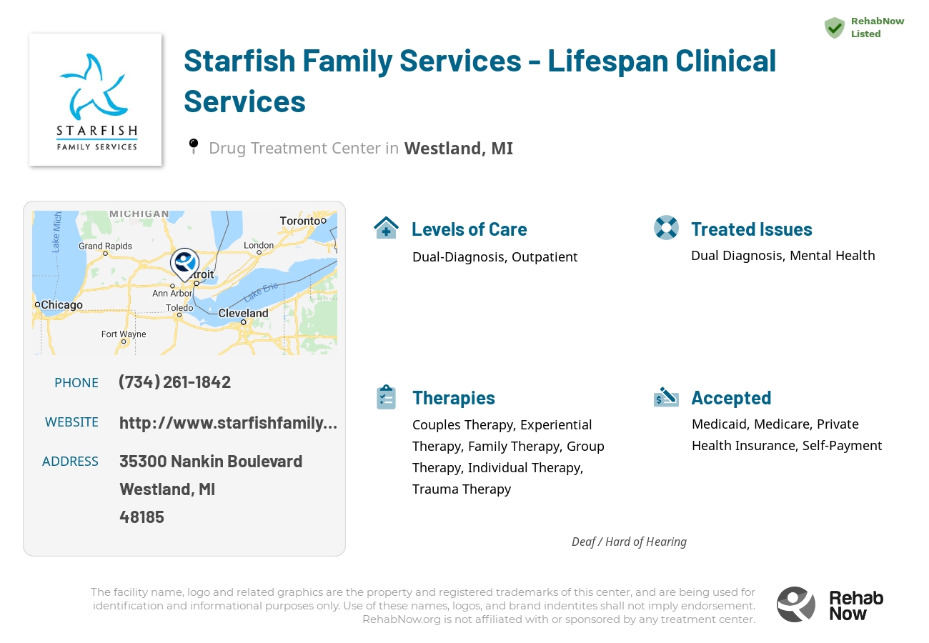 Helpful reference information for Starfish Family Services - Lifespan Clinical Services, a drug treatment center in Michigan located at: 35300 35300 Nankin Boulevard, Westland, MI 48185, including phone numbers, official website, and more. Listed briefly is an overview of Levels of Care, Therapies Offered, Issues Treated, and accepted forms of Payment Methods.