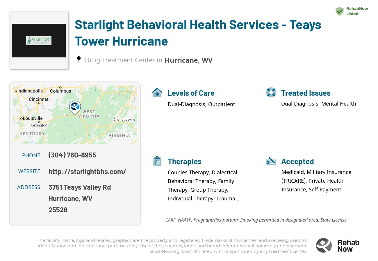 Helpful reference information for Starlight Behavioral Health Services - Teays Tower Hurricane, a drug treatment center in West Virginia located at: 3751 Teays Valley Rd, Hurricane, WV 25526, including phone numbers, official website, and more. Listed briefly is an overview of Levels of Care, Therapies Offered, Issues Treated, and accepted forms of Payment Methods.