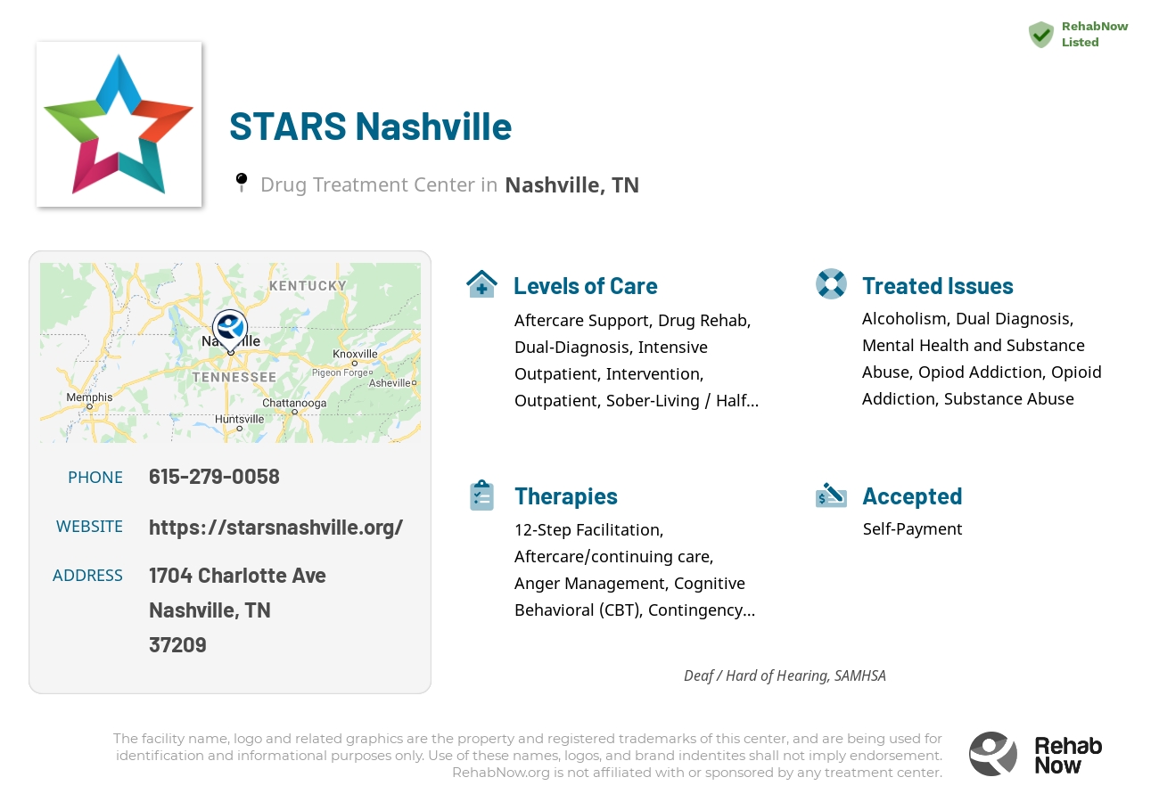 Helpful reference information for STARS Nashville, a drug treatment center in Tennessee located at: 1704 Charlotte Ave, Nashville, TN 37209, including phone numbers, official website, and more. Listed briefly is an overview of Levels of Care, Therapies Offered, Issues Treated, and accepted forms of Payment Methods.