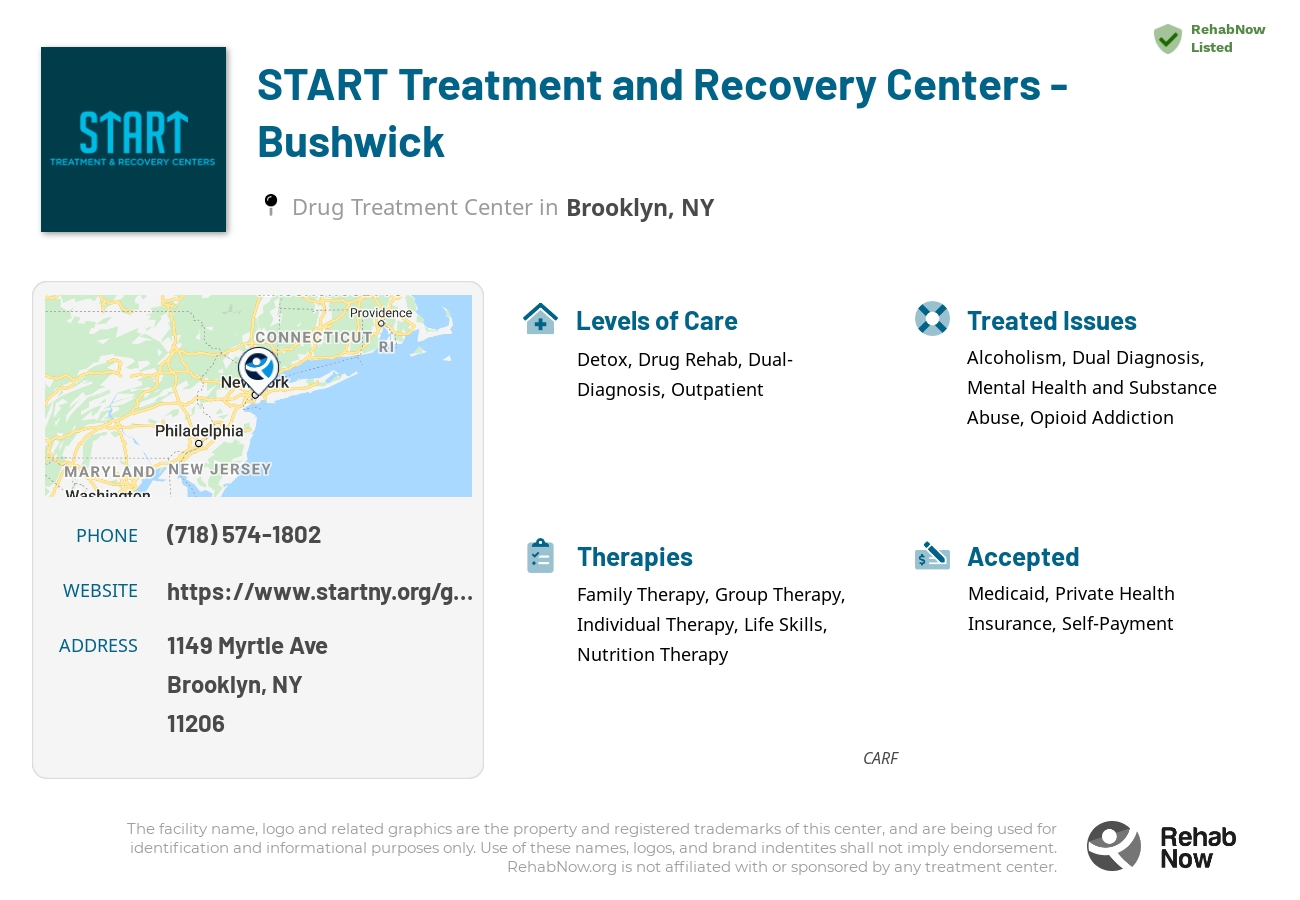 Helpful reference information for START Treatment and Recovery Centers - Bushwick, a drug treatment center in New York located at: 1149 Myrtle Ave, Brooklyn, NY 11206, including phone numbers, official website, and more. Listed briefly is an overview of Levels of Care, Therapies Offered, Issues Treated, and accepted forms of Payment Methods.