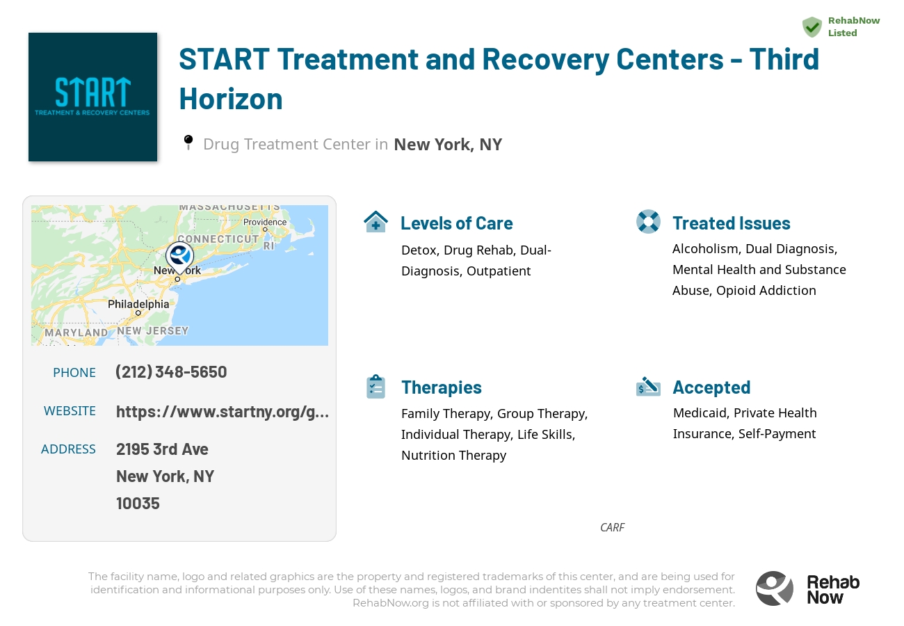 Helpful reference information for START Treatment and Recovery Centers - Third Horizon, a drug treatment center in New York located at: 2195 3rd Ave, New York, NY 10035, including phone numbers, official website, and more. Listed briefly is an overview of Levels of Care, Therapies Offered, Issues Treated, and accepted forms of Payment Methods.