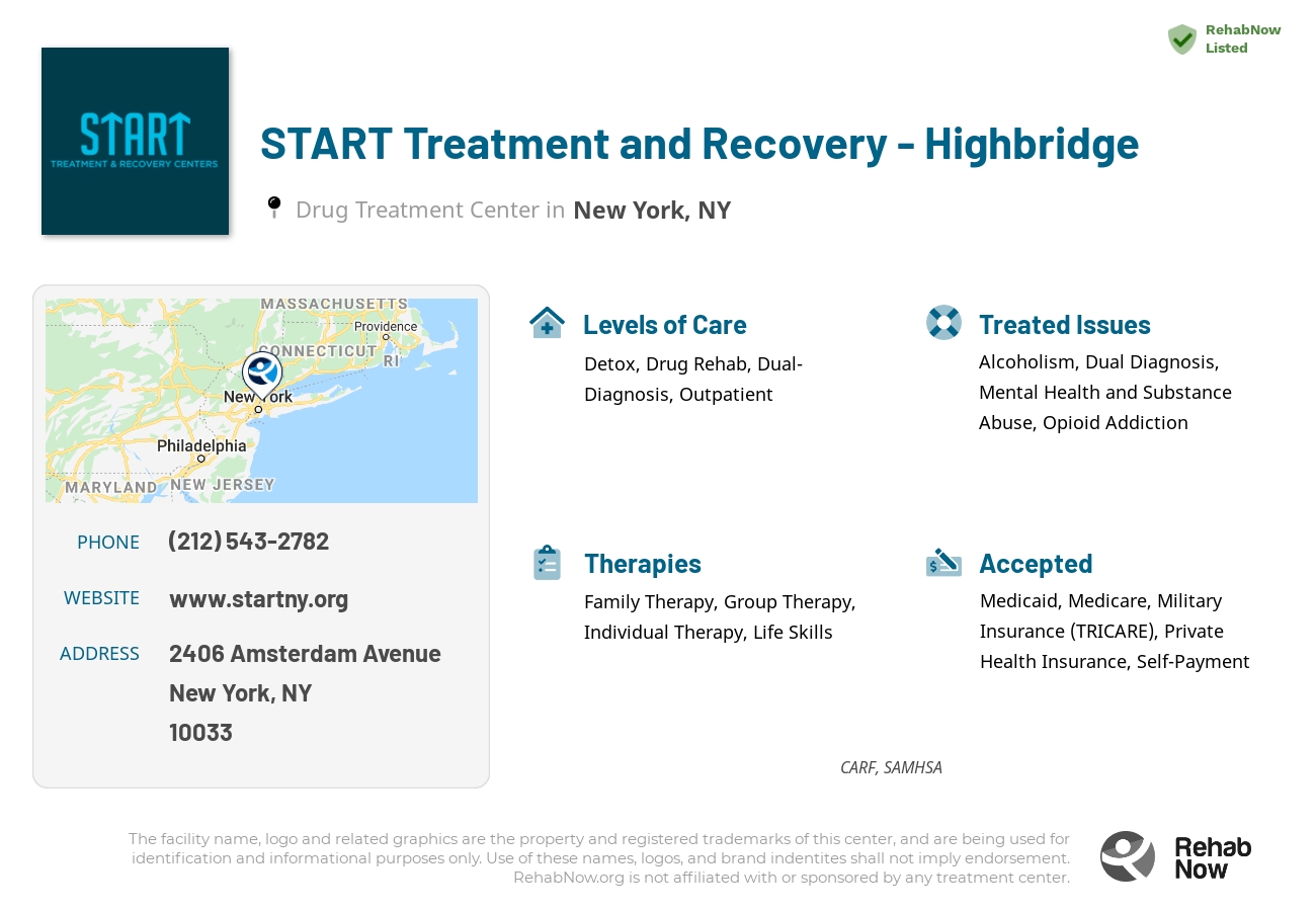 Helpful reference information for START Treatment and Recovery - Highbridge, a drug treatment center in New York located at: 2406 Amsterdam Avenue, New York, NY, 10033, including phone numbers, official website, and more. Listed briefly is an overview of Levels of Care, Therapies Offered, Issues Treated, and accepted forms of Payment Methods.