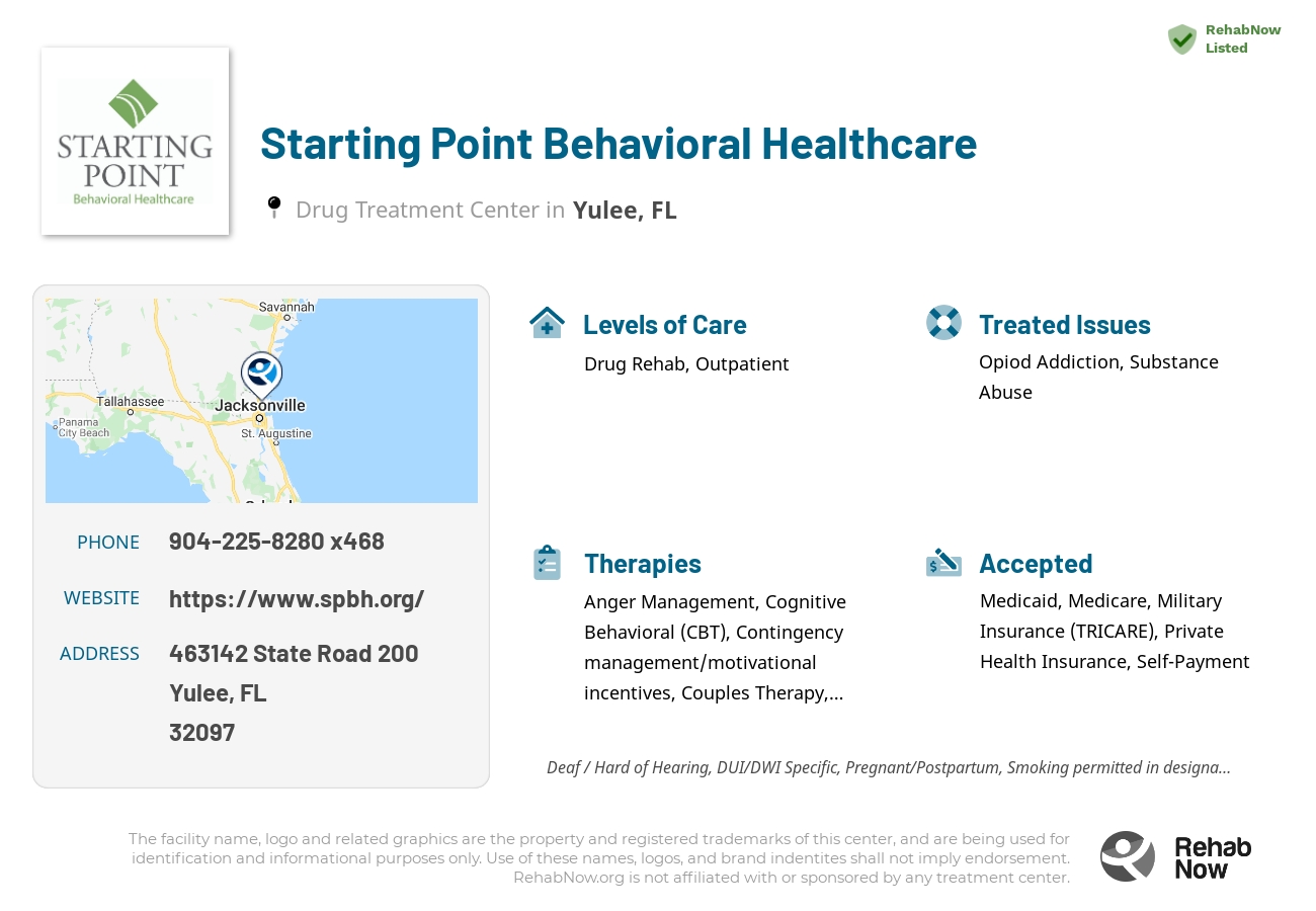 Helpful reference information for Starting Point Behavioral Healthcare, a drug treatment center in Florida located at: 463142 State Road 200, Yulee, FL 32097, including phone numbers, official website, and more. Listed briefly is an overview of Levels of Care, Therapies Offered, Issues Treated, and accepted forms of Payment Methods.