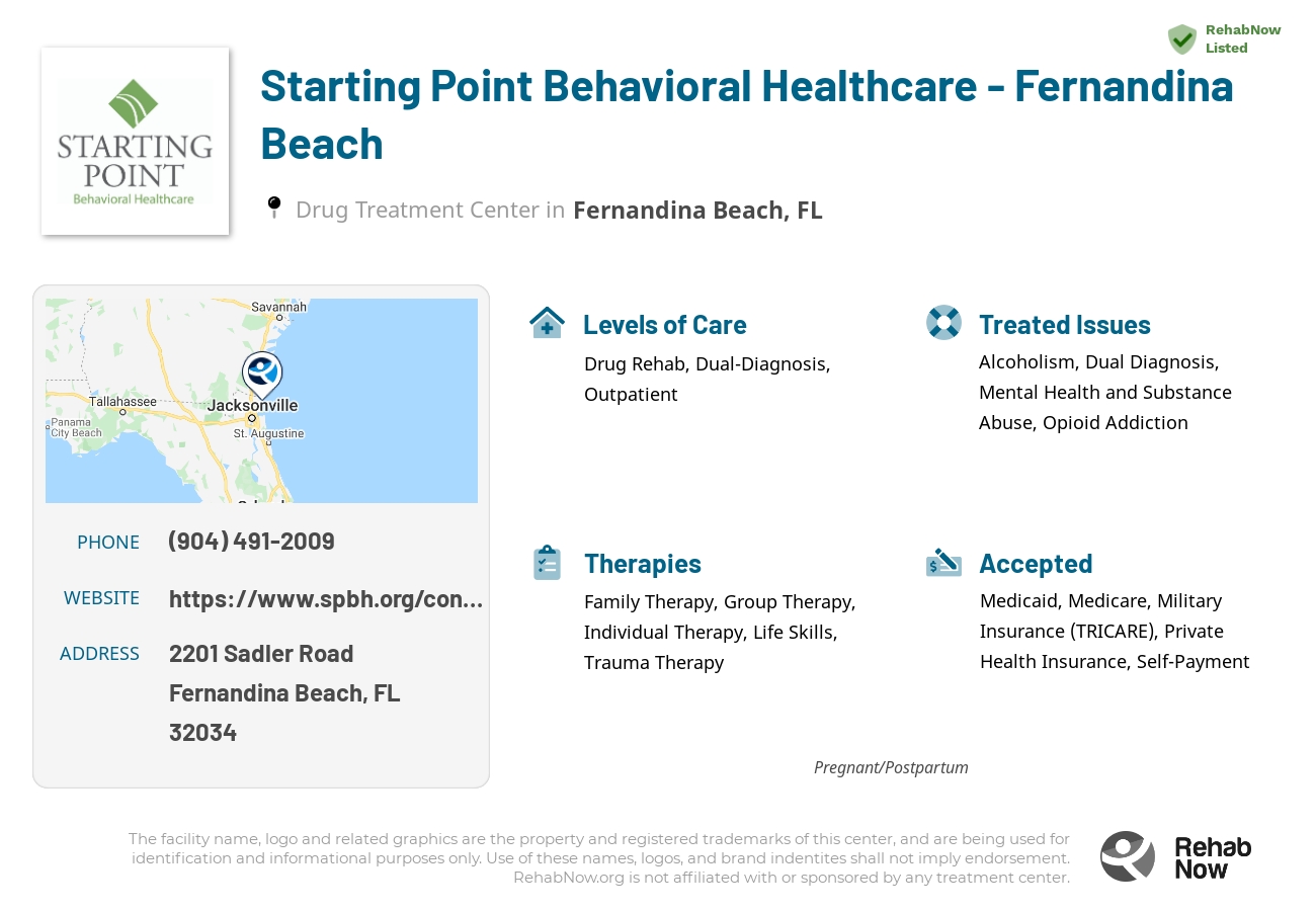 Helpful reference information for Starting Point Behavioral Healthcare - Fernandina Beach, a drug treatment center in Florida located at: 2201 Sadler Road, Fernandina Beach, FL, 32034, including phone numbers, official website, and more. Listed briefly is an overview of Levels of Care, Therapies Offered, Issues Treated, and accepted forms of Payment Methods.