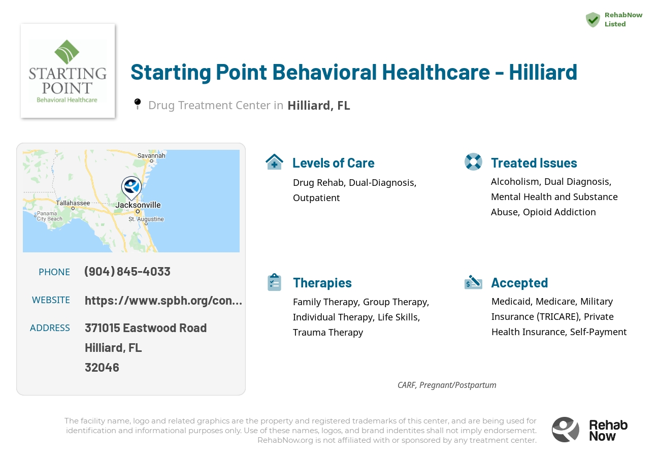 Helpful reference information for Starting Point Behavioral Healthcare - Hilliard, a drug treatment center in Florida located at: 371015 Eastwood Road, Hilliard, FL, 32046, including phone numbers, official website, and more. Listed briefly is an overview of Levels of Care, Therapies Offered, Issues Treated, and accepted forms of Payment Methods.