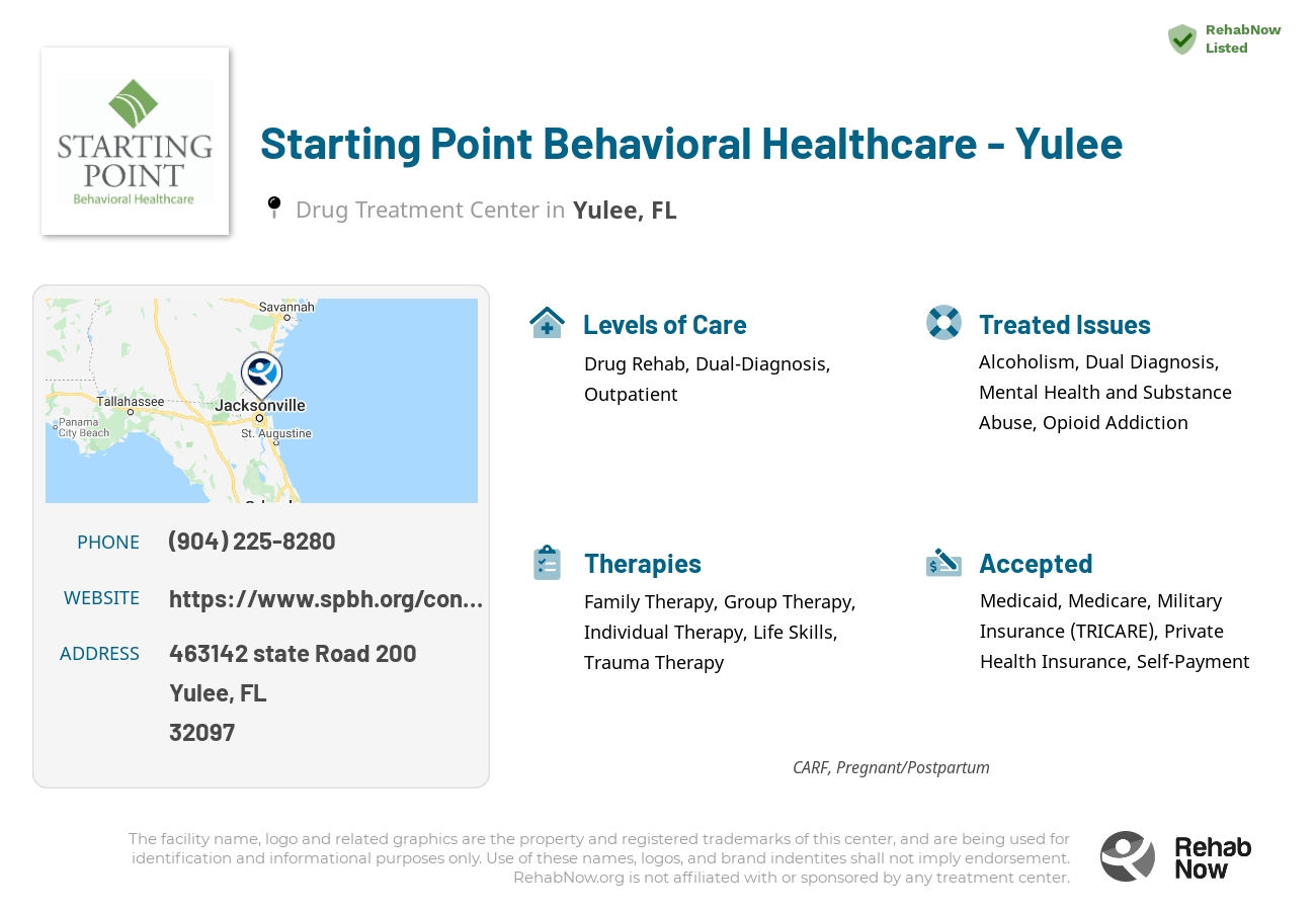 Helpful reference information for Starting Point Behavioral Healthcare - Yulee, a drug treatment center in Florida located at: 463142 state Road 200, Yulee, FL, 32097, including phone numbers, official website, and more. Listed briefly is an overview of Levels of Care, Therapies Offered, Issues Treated, and accepted forms of Payment Methods.