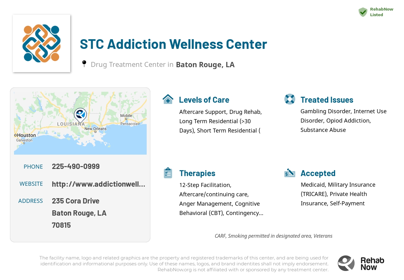 Helpful reference information for STC Addiction Wellness Center, a drug treatment center in Louisiana located at: 235 Cora Drive, Baton Rouge, LA 70815, including phone numbers, official website, and more. Listed briefly is an overview of Levels of Care, Therapies Offered, Issues Treated, and accepted forms of Payment Methods.