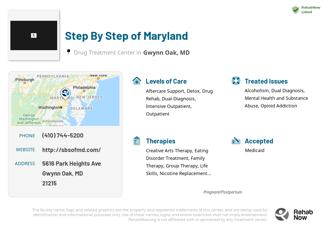 Helpful reference information for Step By Step of Maryland, a drug treatment center in Maryland located at: 5616 Park Heights Ave, Gwynn Oak, MD, 21215, including phone numbers, official website, and more. Listed briefly is an overview of Levels of Care, Therapies Offered, Issues Treated, and accepted forms of Payment Methods.