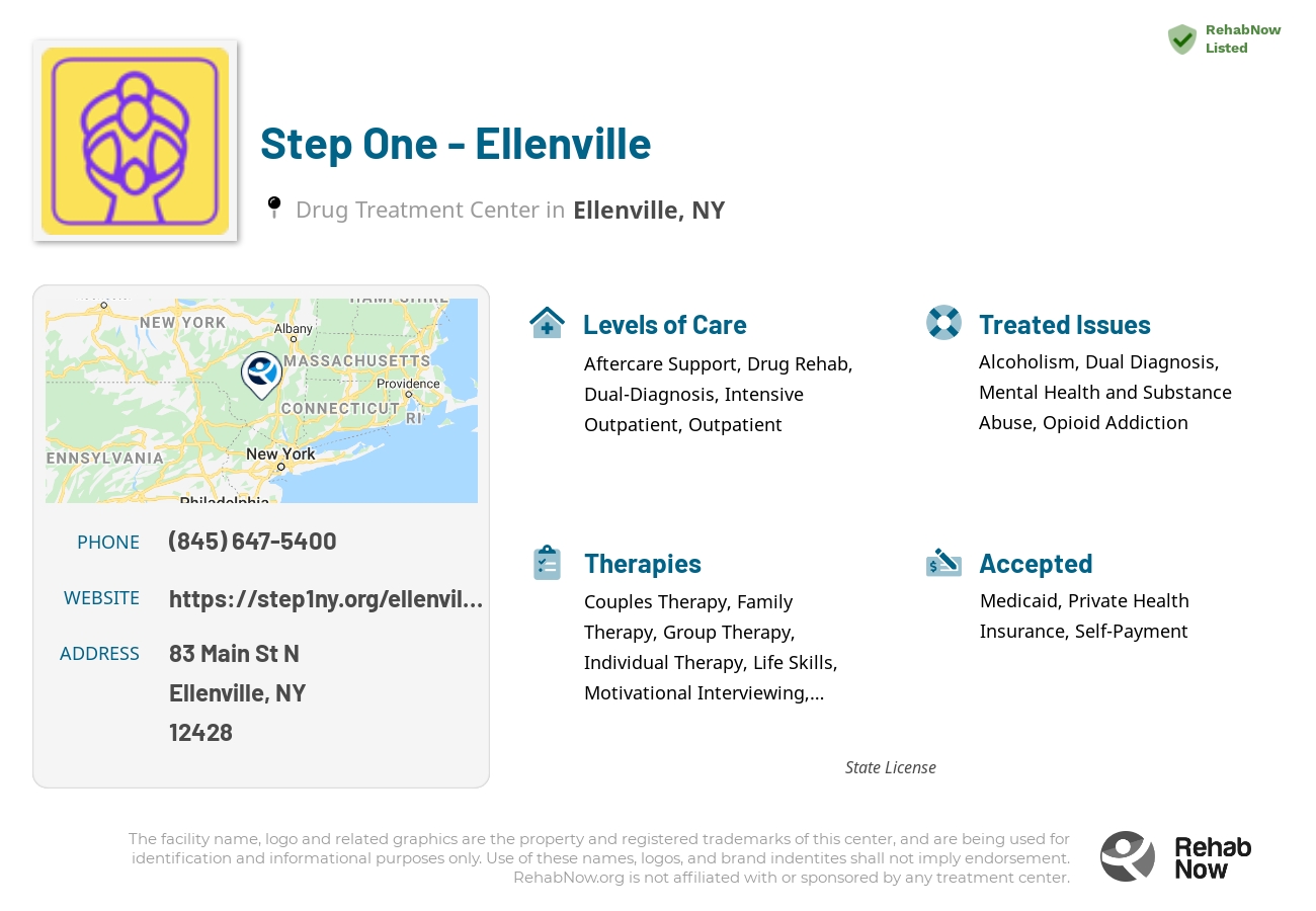 Helpful reference information for Step One - Ellenville, a drug treatment center in New York located at: 83 Main St N, Ellenville, NY 12428, including phone numbers, official website, and more. Listed briefly is an overview of Levels of Care, Therapies Offered, Issues Treated, and accepted forms of Payment Methods.