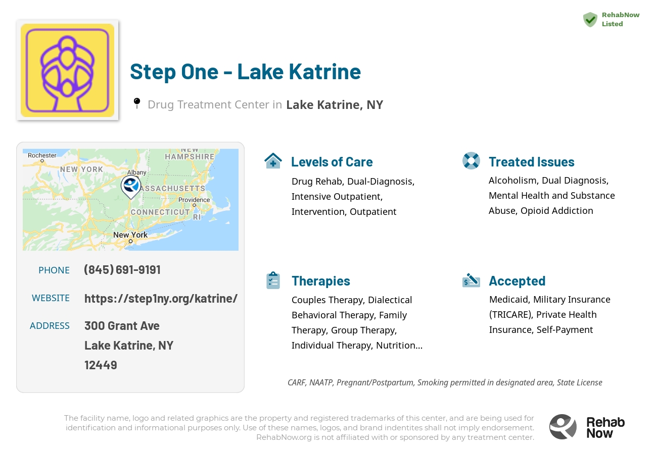 Helpful reference information for Step One - Lake Katrine, a drug treatment center in New York located at: 300 Grant Ave, Lake Katrine, NY 12449, including phone numbers, official website, and more. Listed briefly is an overview of Levels of Care, Therapies Offered, Issues Treated, and accepted forms of Payment Methods.