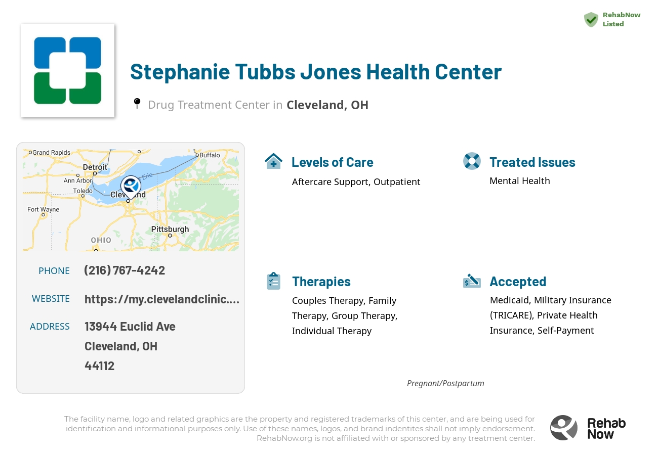 Helpful reference information for Stephanie Tubbs Jones Health Center, a drug treatment center in Ohio located at: 13944 Euclid Ave, Cleveland, OH 44112, including phone numbers, official website, and more. Listed briefly is an overview of Levels of Care, Therapies Offered, Issues Treated, and accepted forms of Payment Methods.